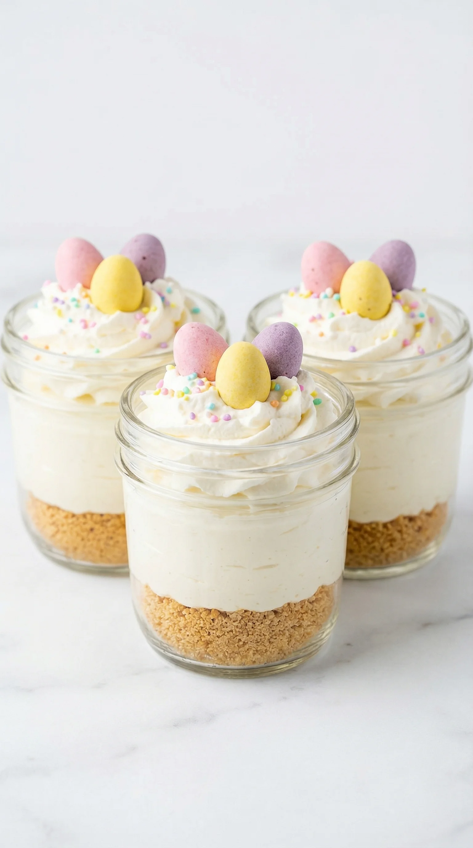 Three jars of dessert with marshmallows and eggs.