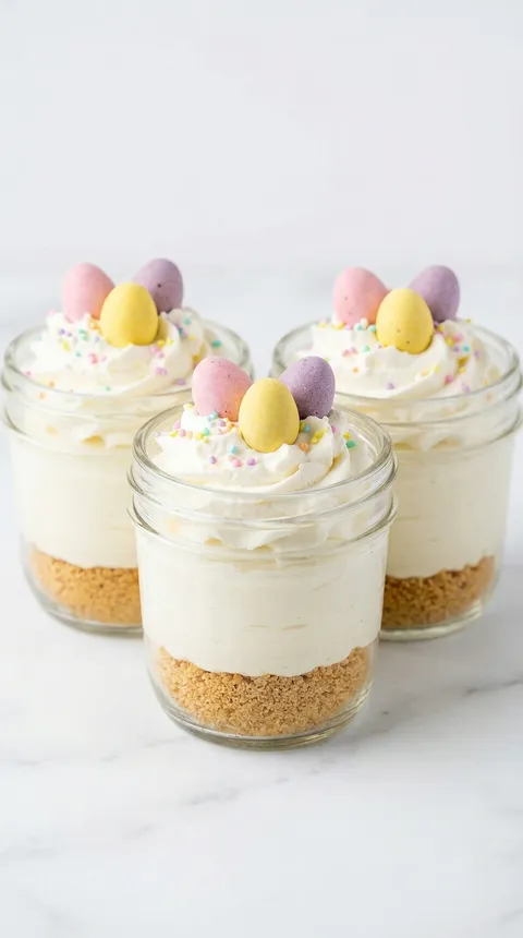 Three jars of dessert with marshmallows and eggs.
