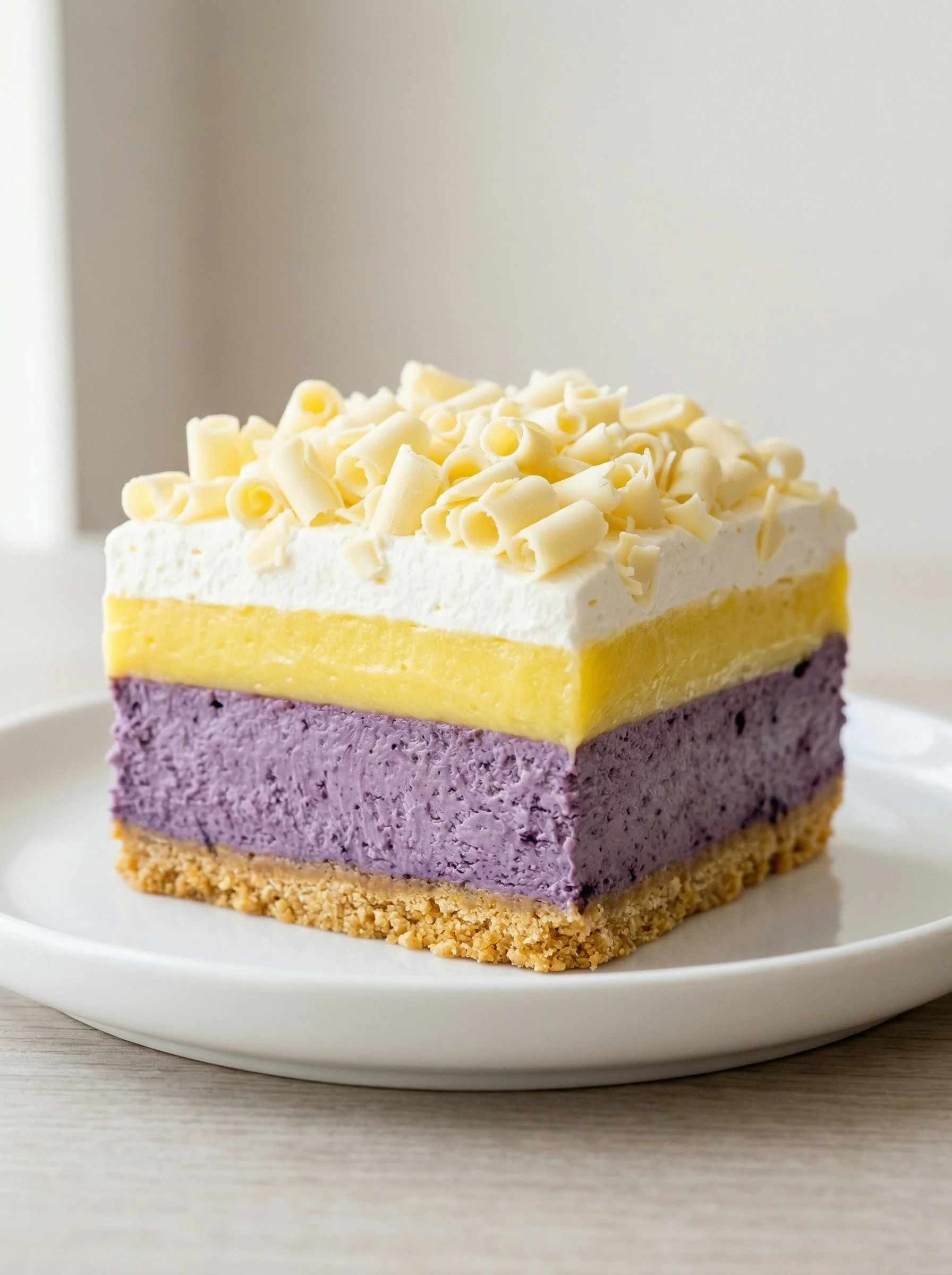 A slice of cake with white and yellow frosting.