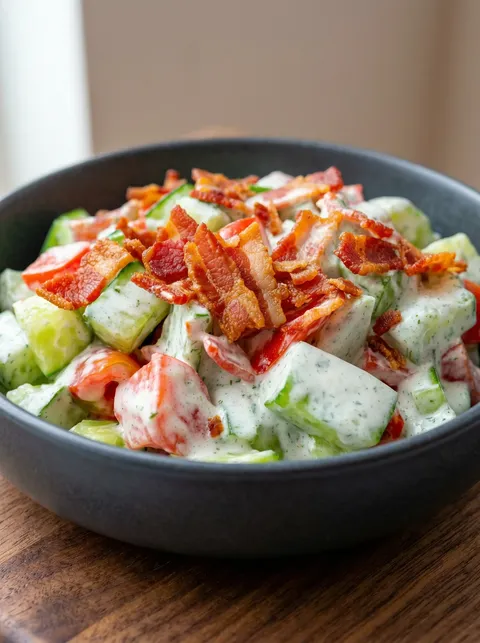 A bowl of bacon and cucumber salad.