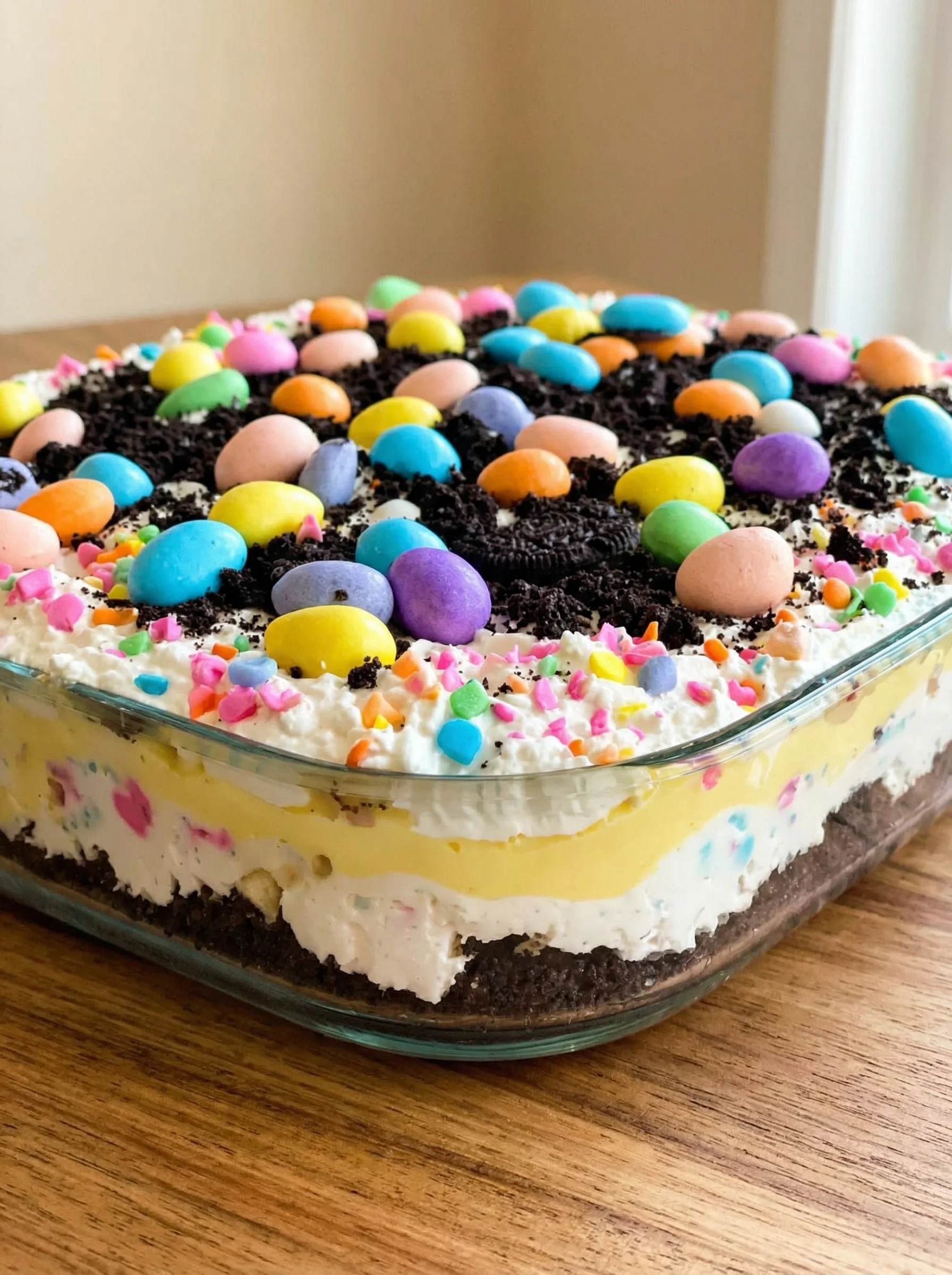 A cake with chocolate and yellow frosting.