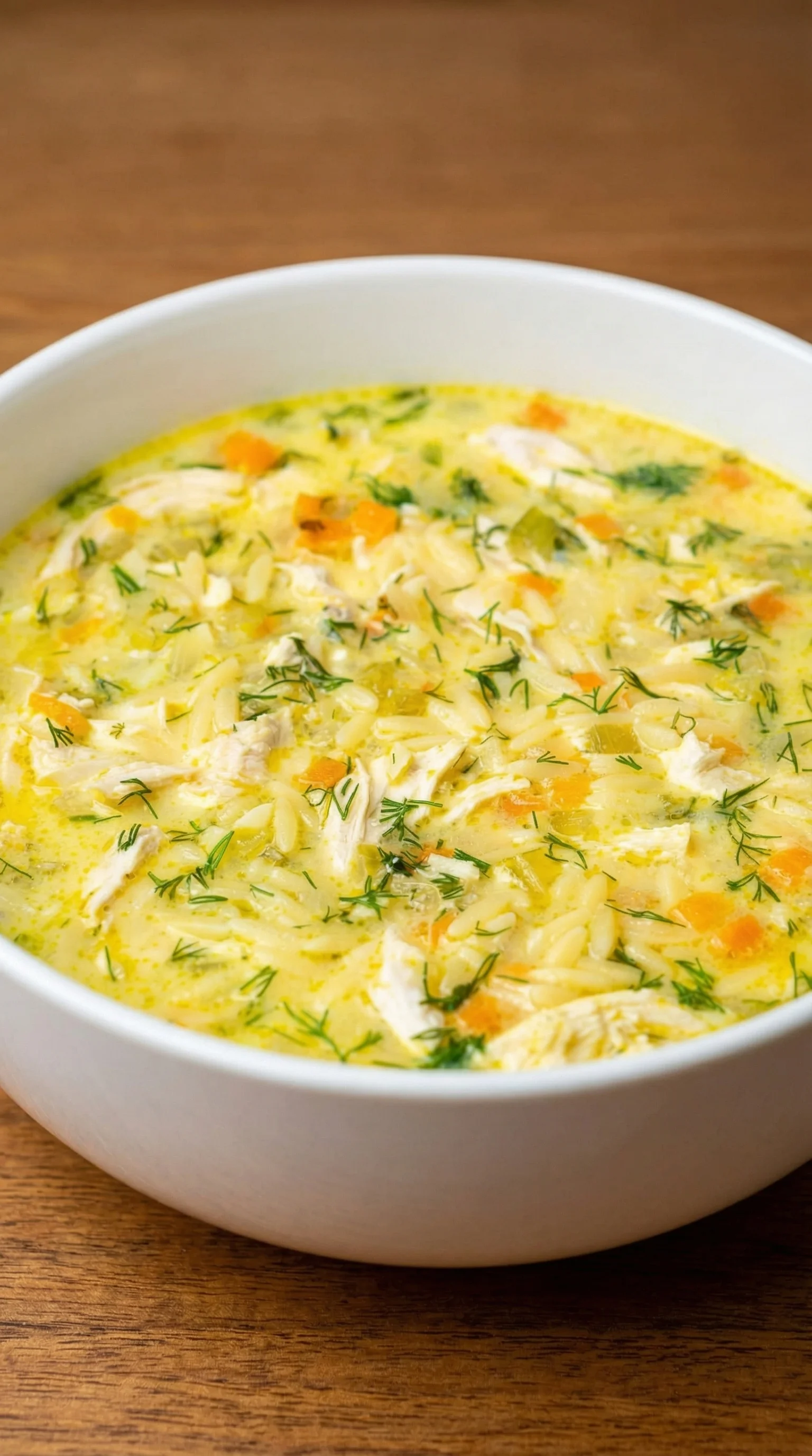 A bowl of soup with chicken and vegetables.