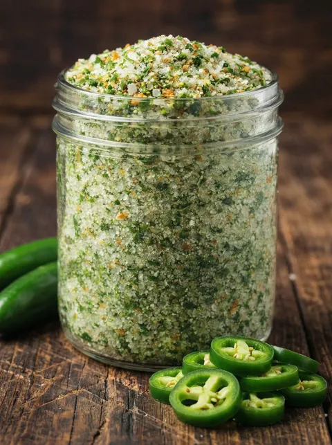 A jar of green stuff with a green pepper on the side.