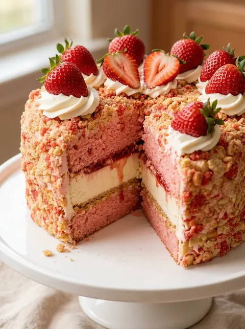 A slice of cake with strawberries on top.