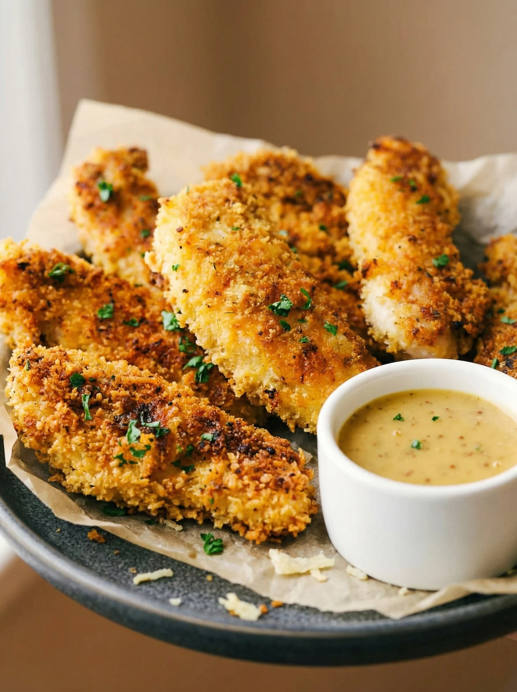 A plate of breaded chicken wings with a dipping sauce.