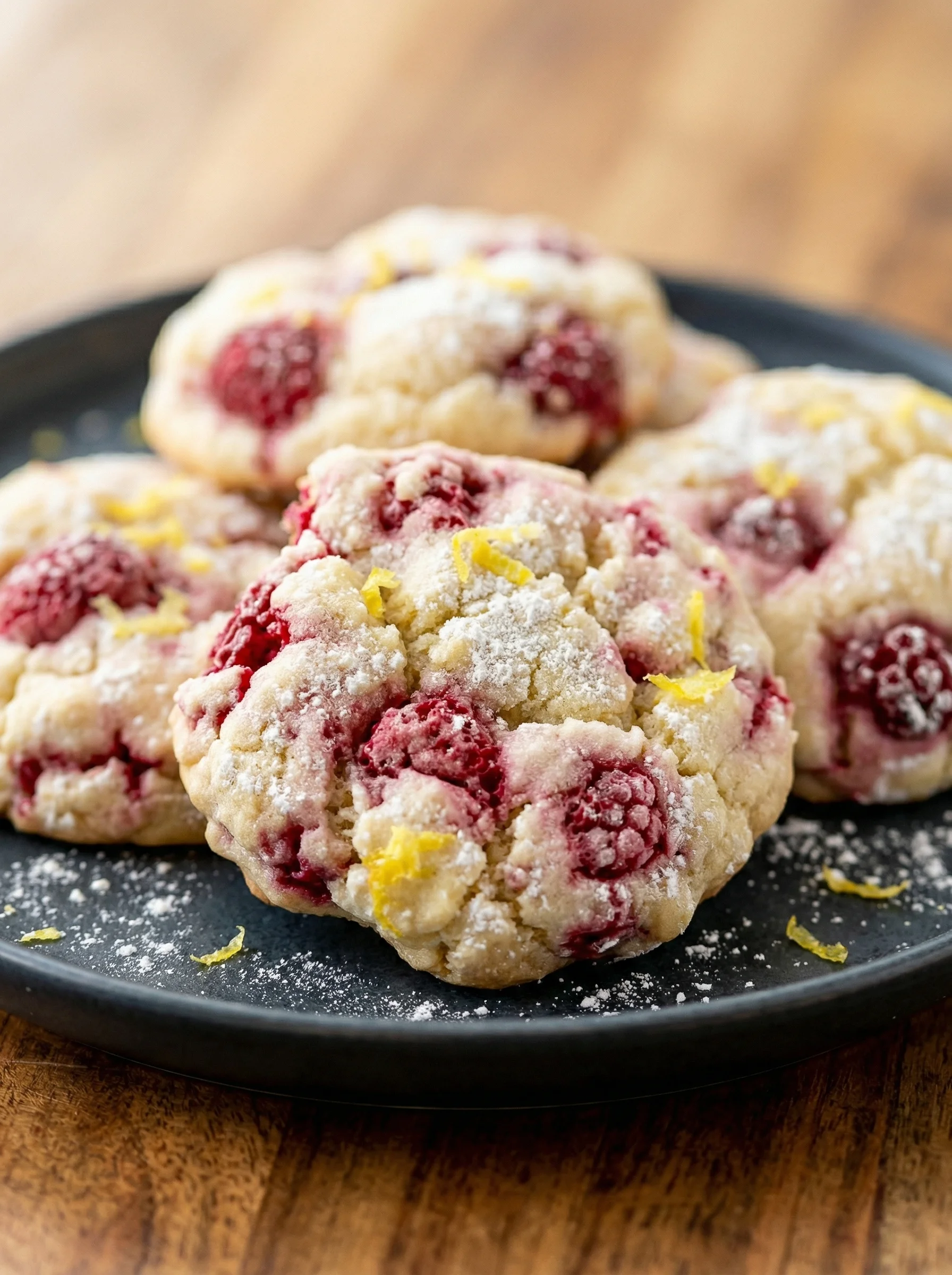 A plate of cookies with raspberry and lemon flavors.