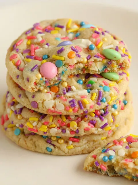 A stack of colorful sprinkle cookies.
