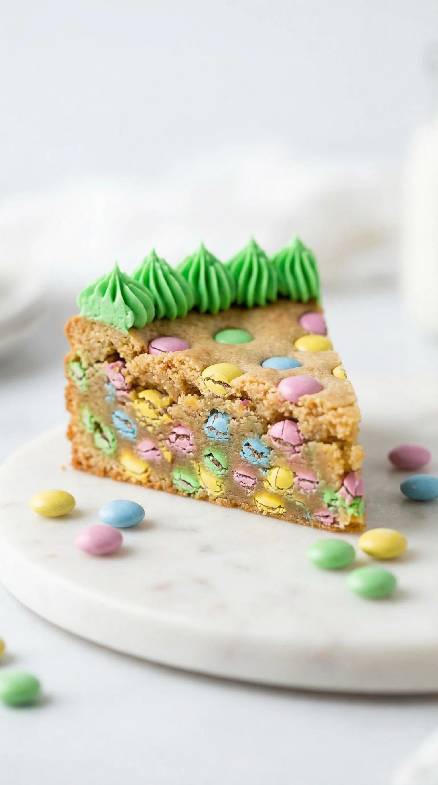 A slice of cake with green and yellow frosting.