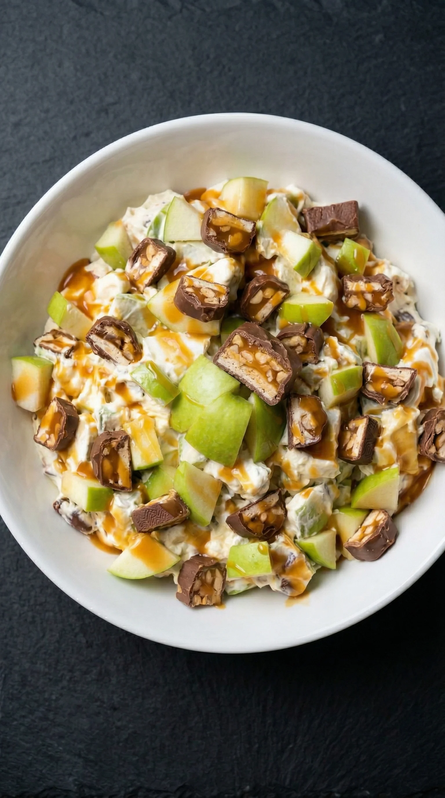 A bowl of food with chocolate and apples.