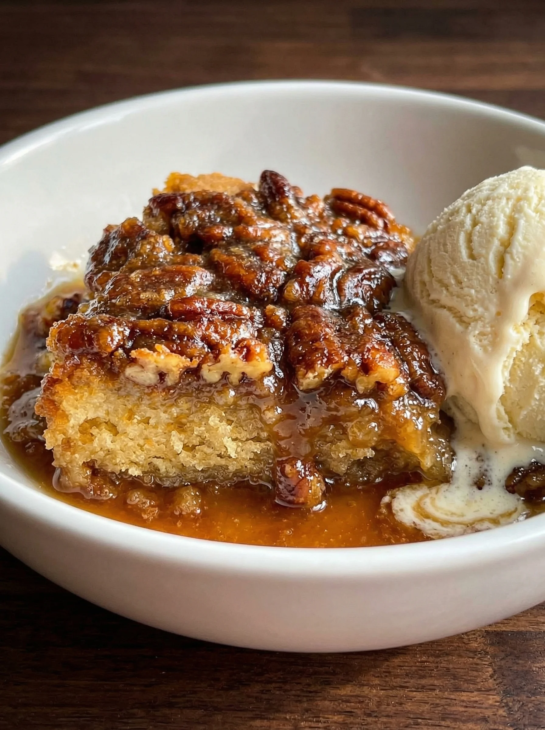 A slice of pecan pie with a scoop of ice cream.