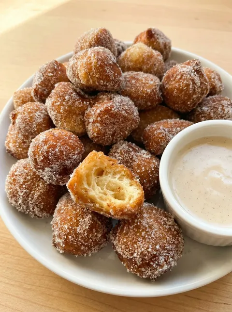 A plate of doughnuts with a cup of sauce.