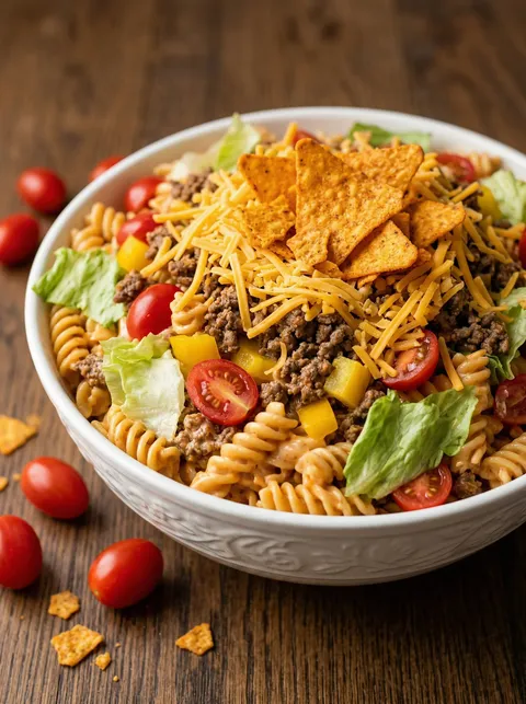 A bowl of pasta salad with tomatoes, cheese, and chips.