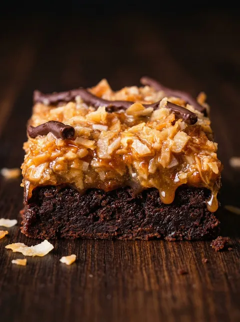 A slice of chocolate cake with caramel drizzle.