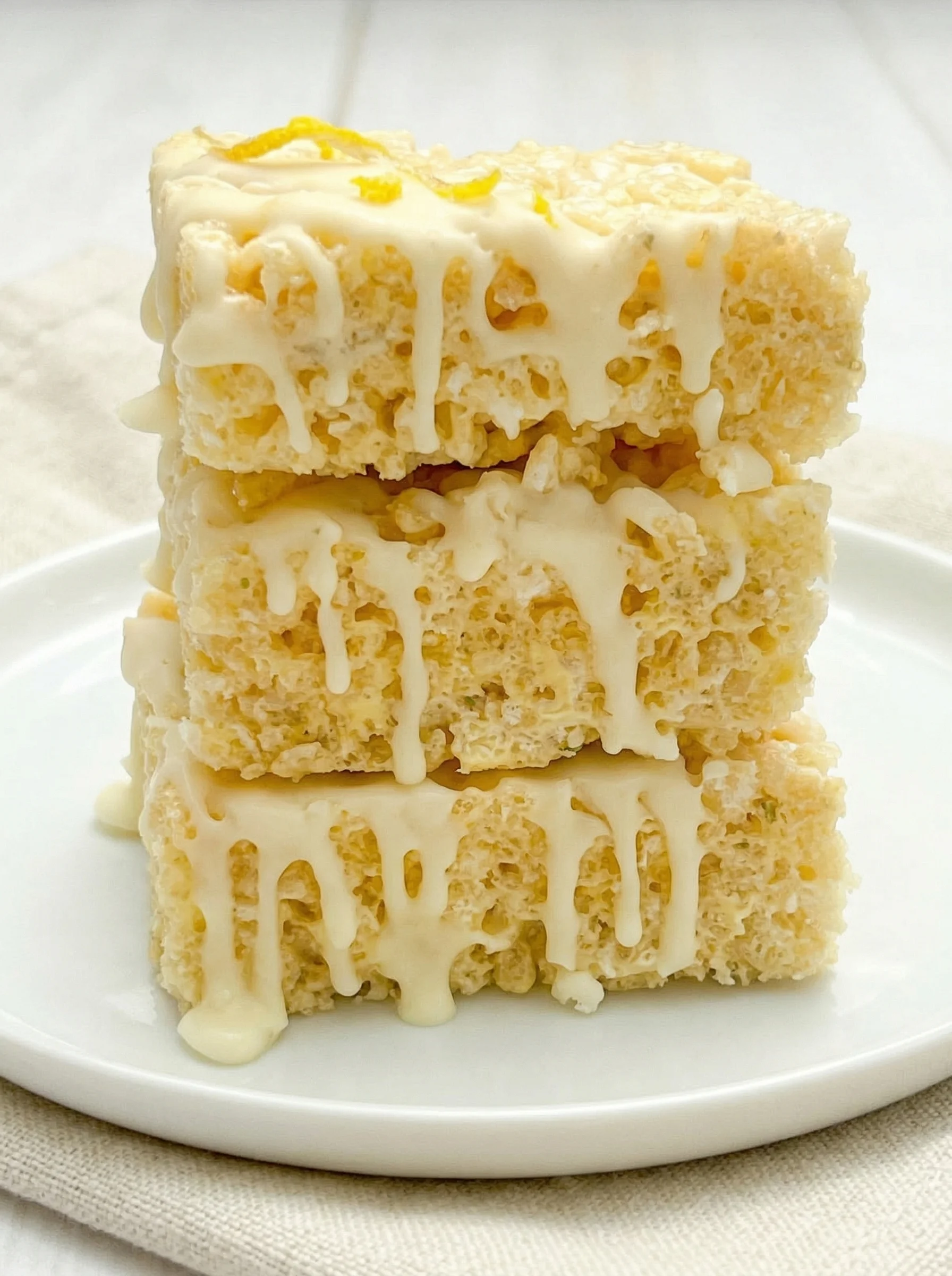 A stack of cake with white icing.