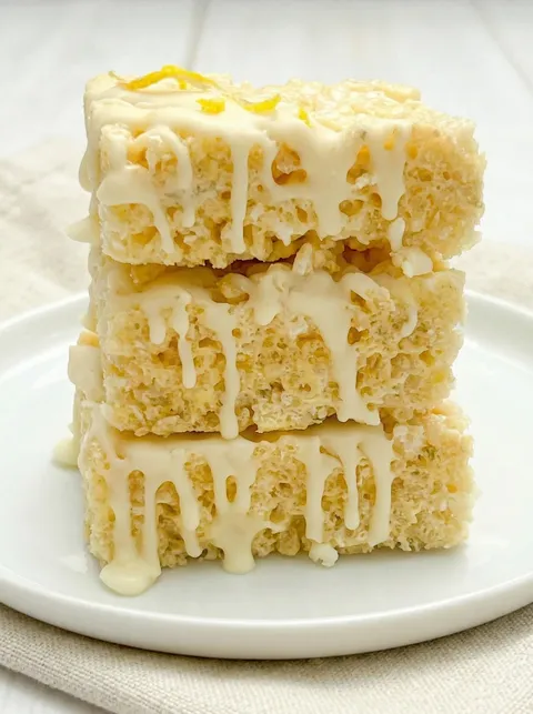 A stack of cake with white icing.