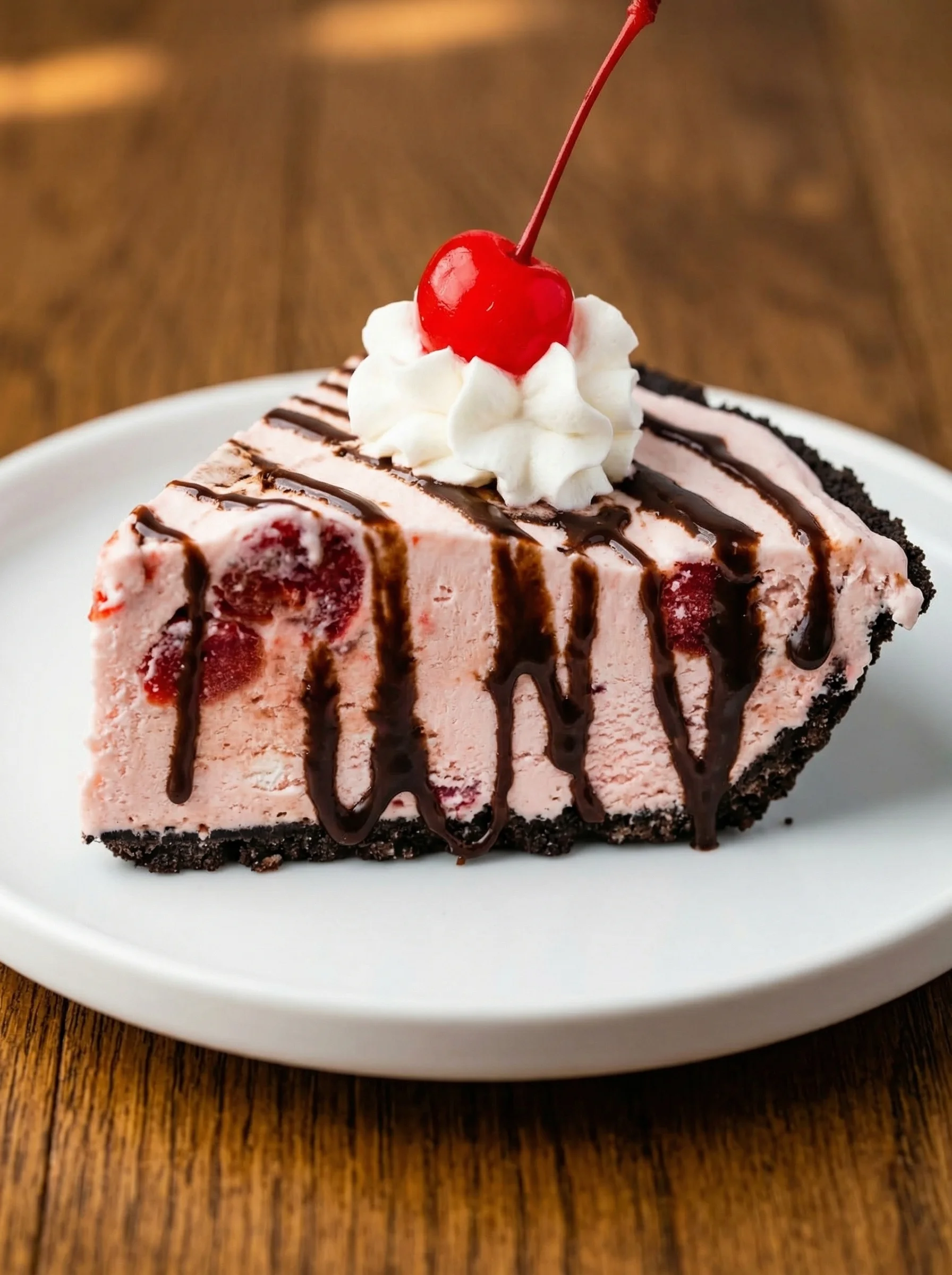 A slice of pie with chocolate and cherries.