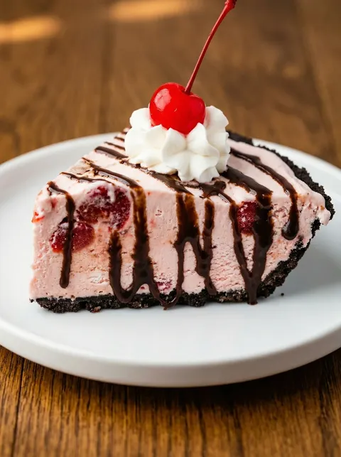 A slice of pie with chocolate and cherries.