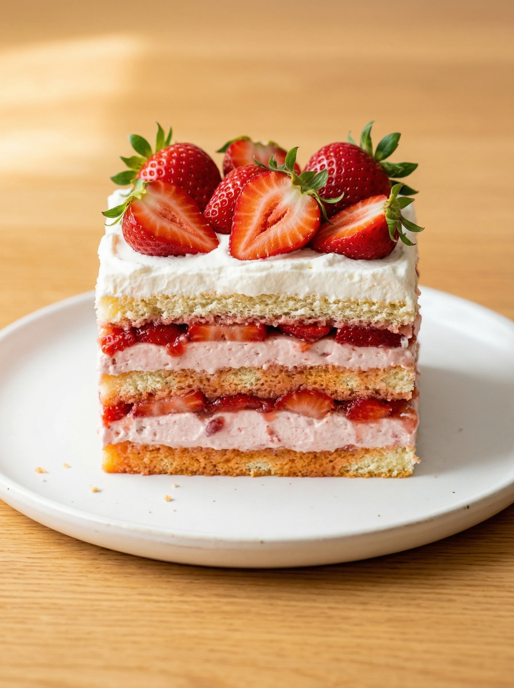 A slice of cake with strawberries on top.
