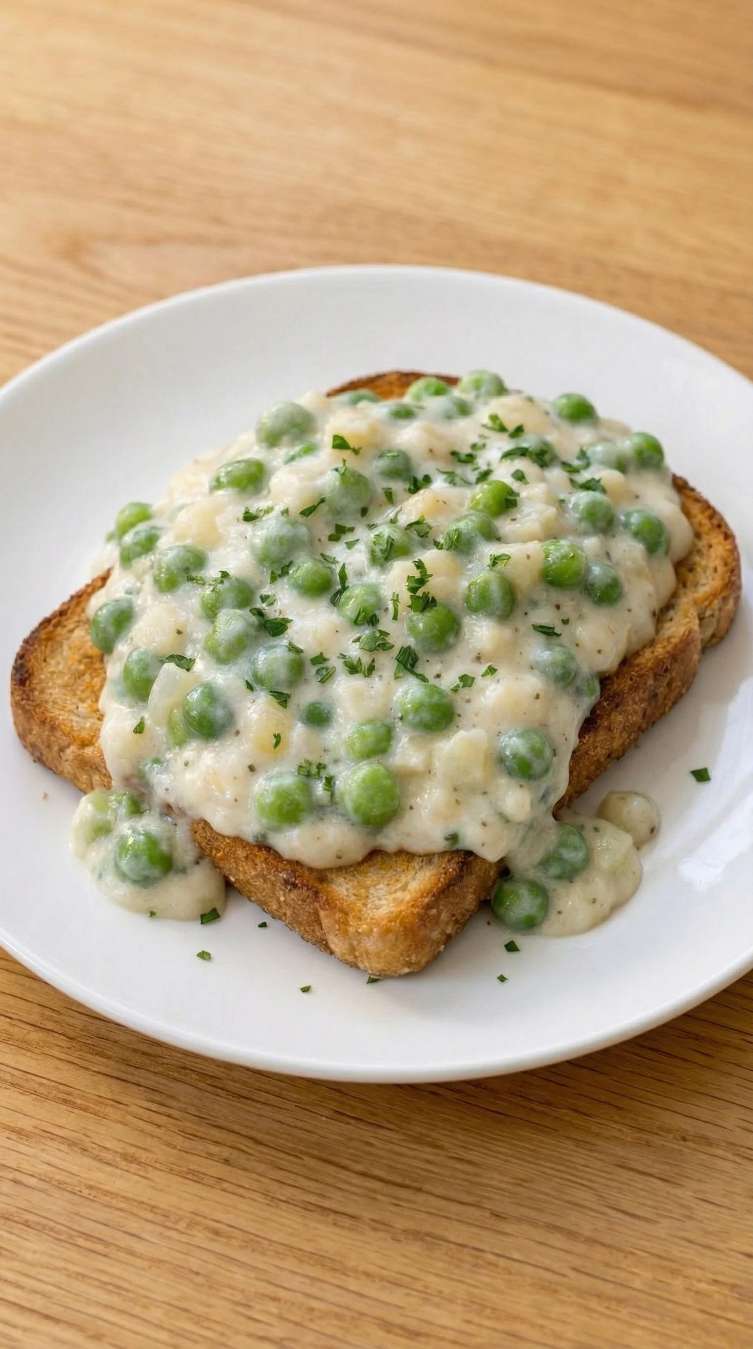 A plate of food with peas and cream on toast.