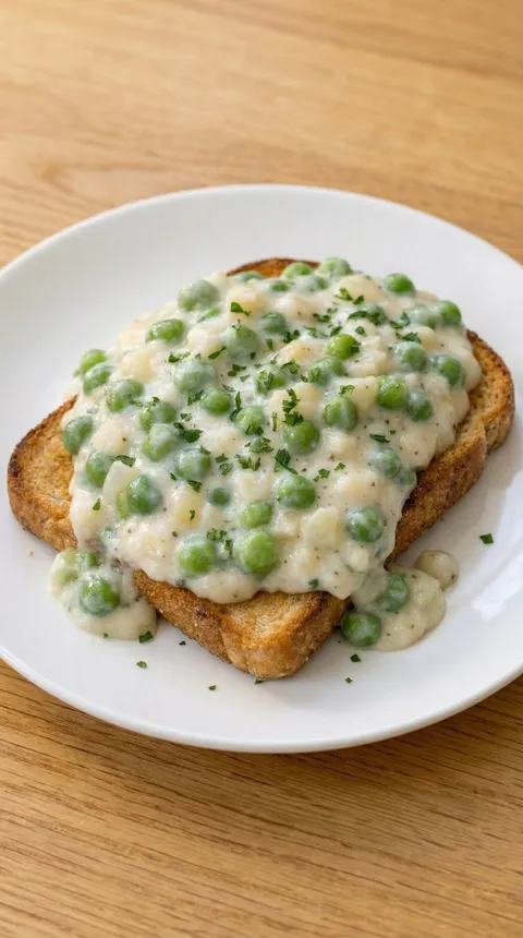 A plate of food with peas and cream on toast.