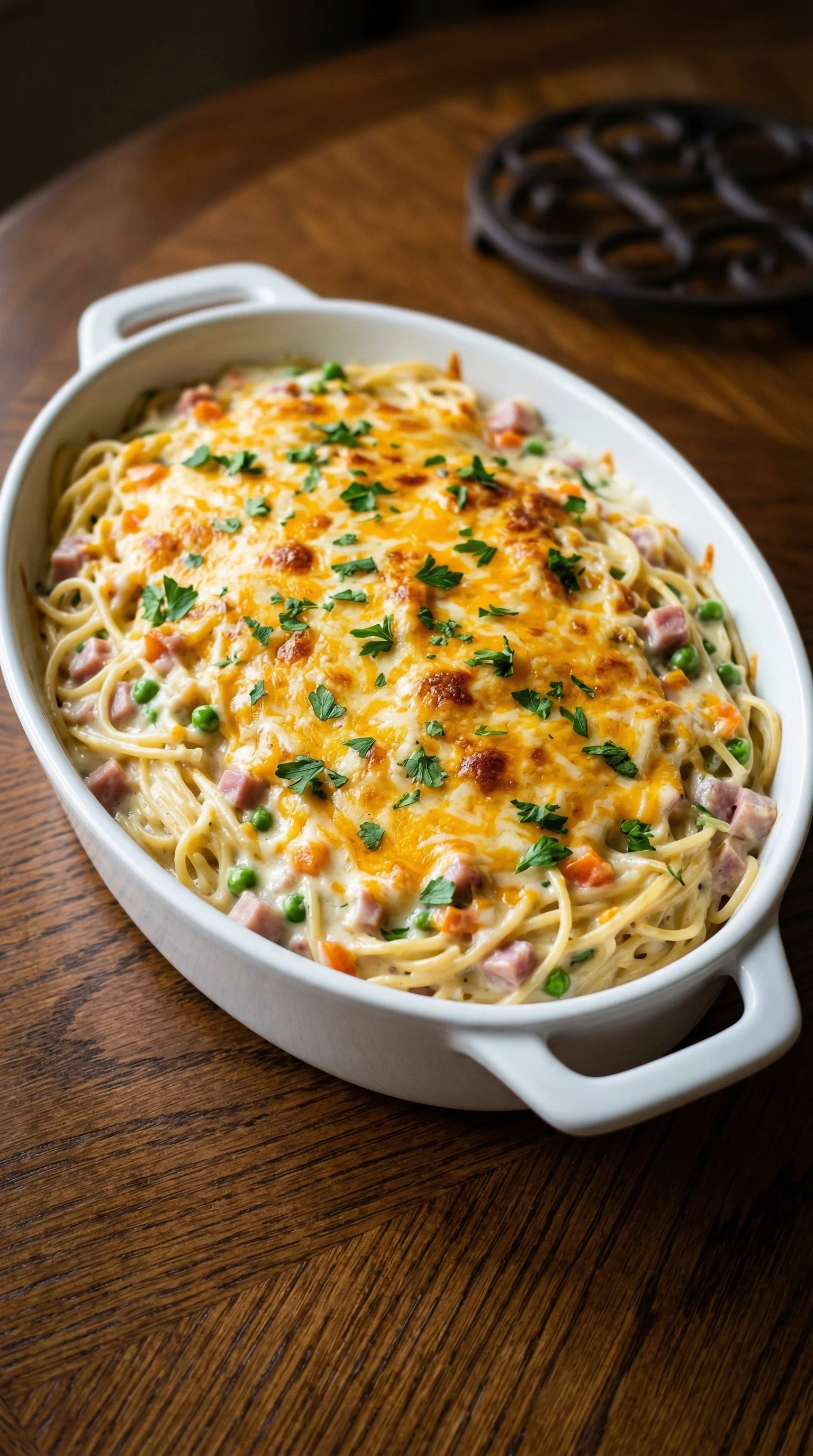 A bowl of pasta with ham and cheese.