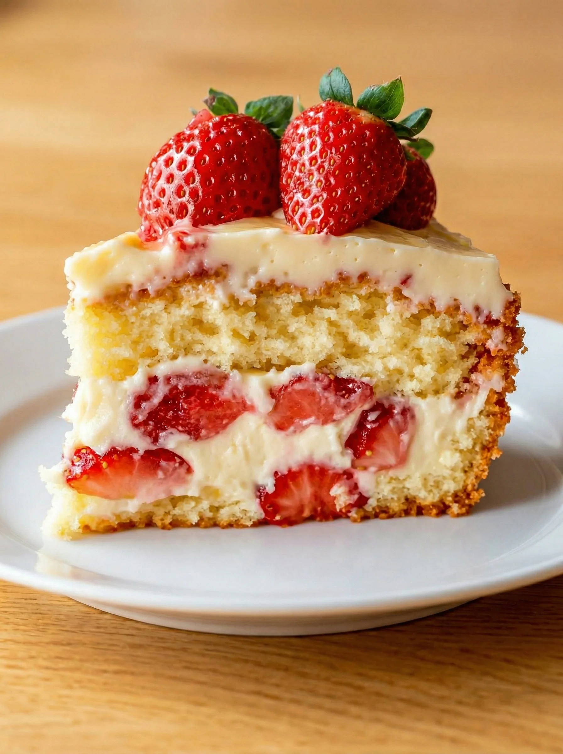A slice of strawberry custard delight cake.