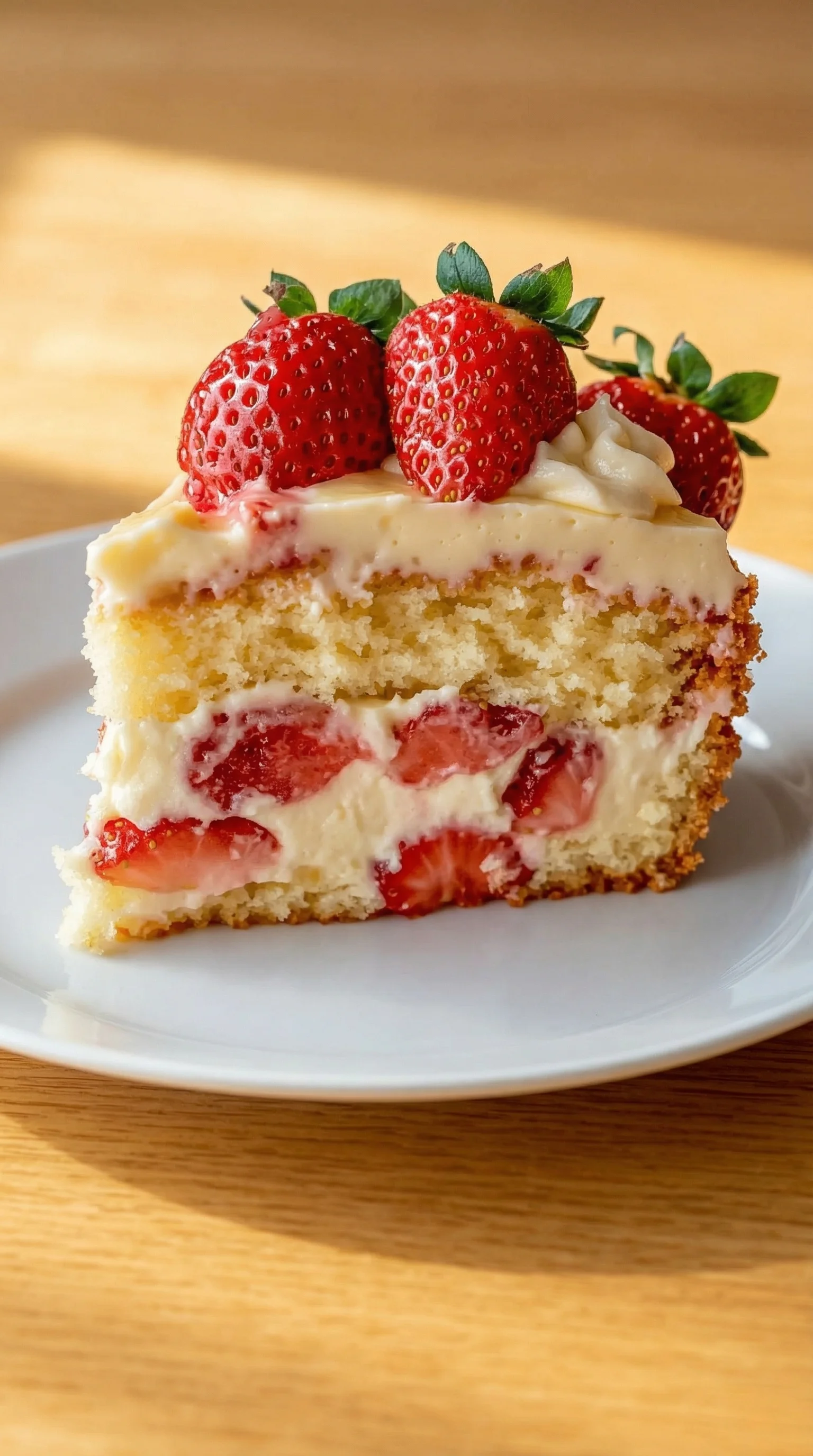 A slice of Strawberry Custard Delight Cake.