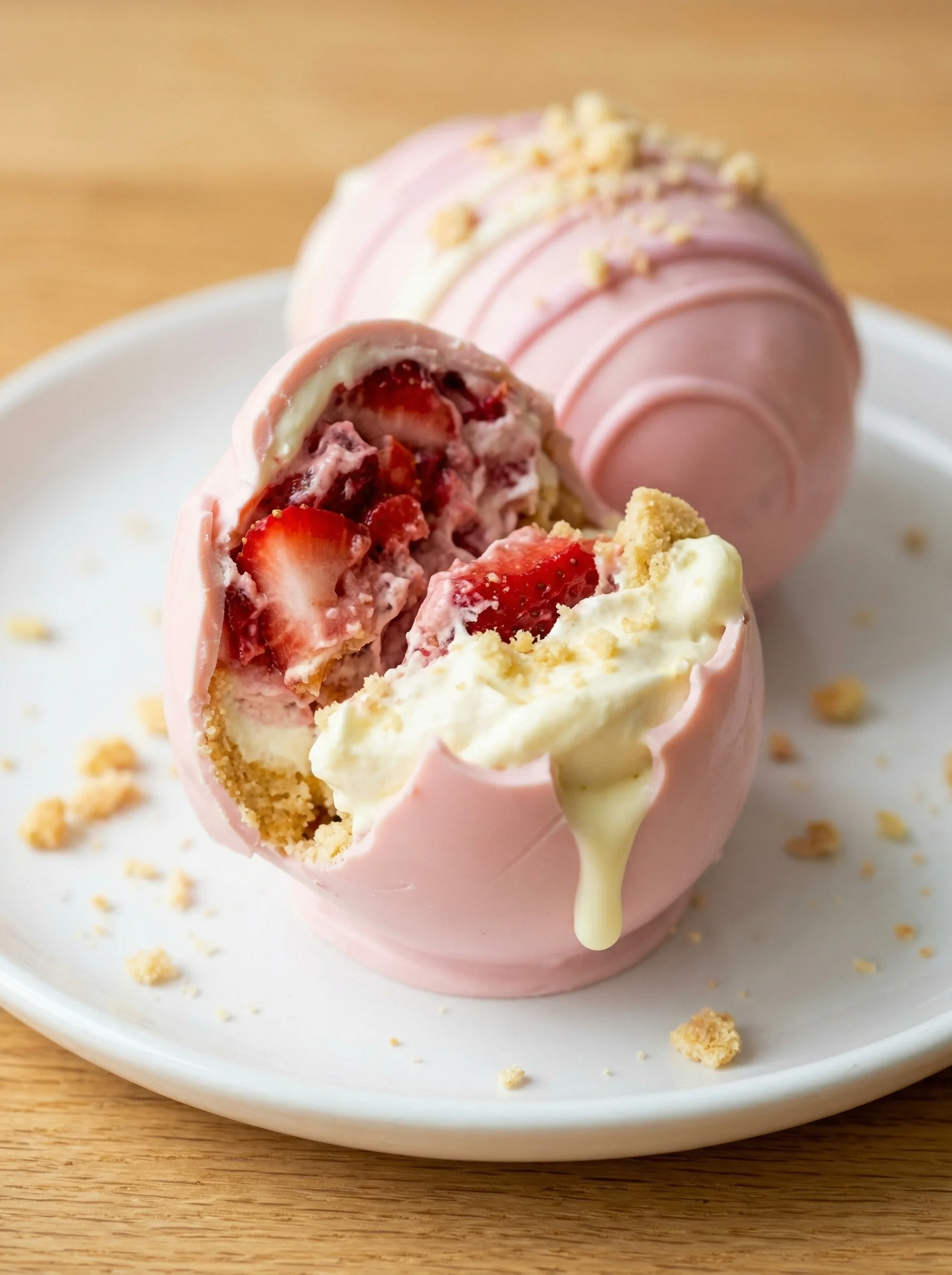 A slice of strawberry shortcake with white frosting.