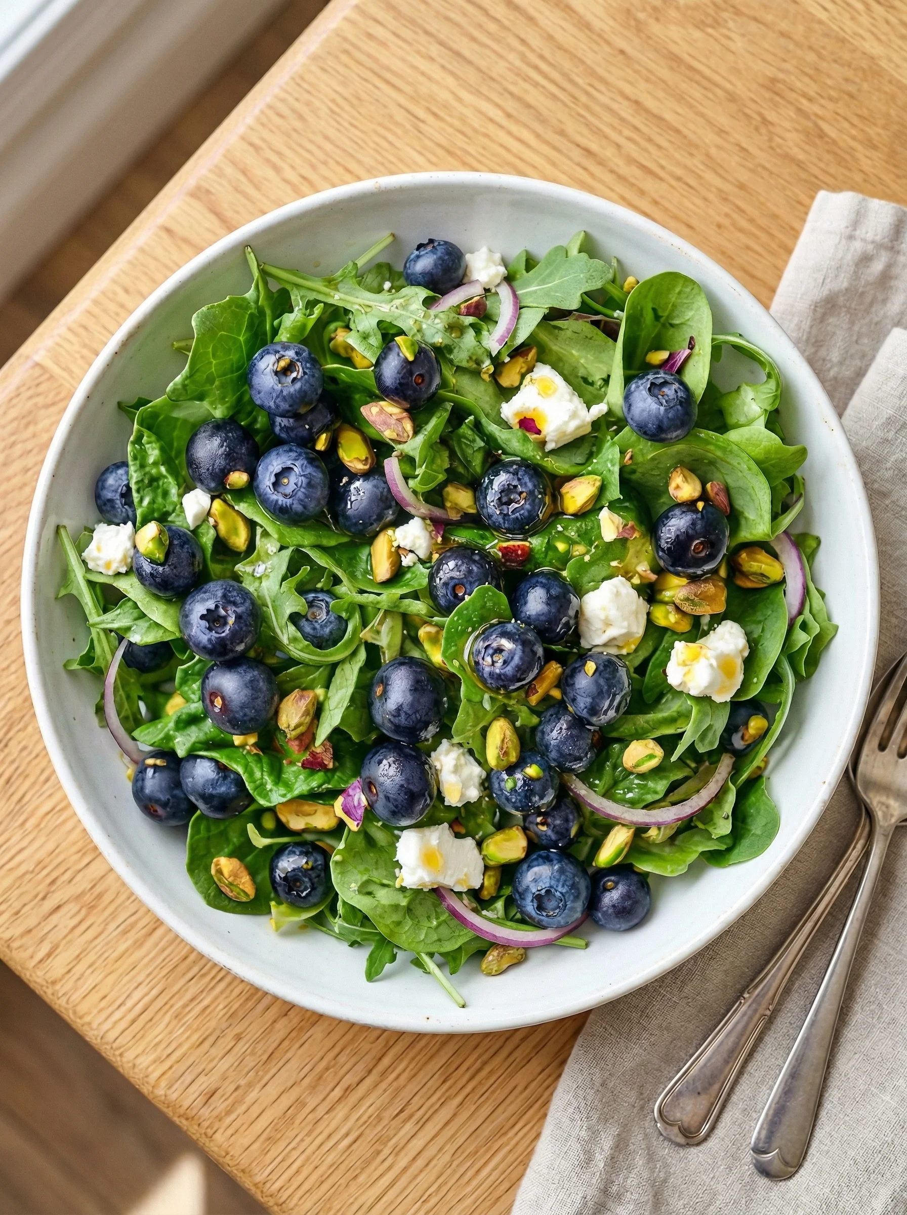 A bowl of blueberry pistachio spring salad.