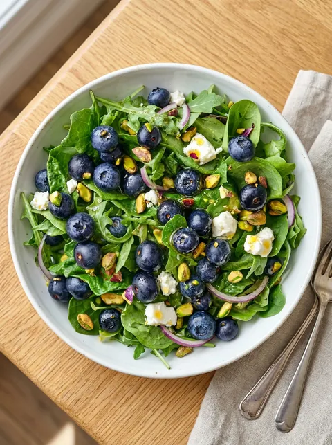 A bowl of blueberry pistachio spring salad.