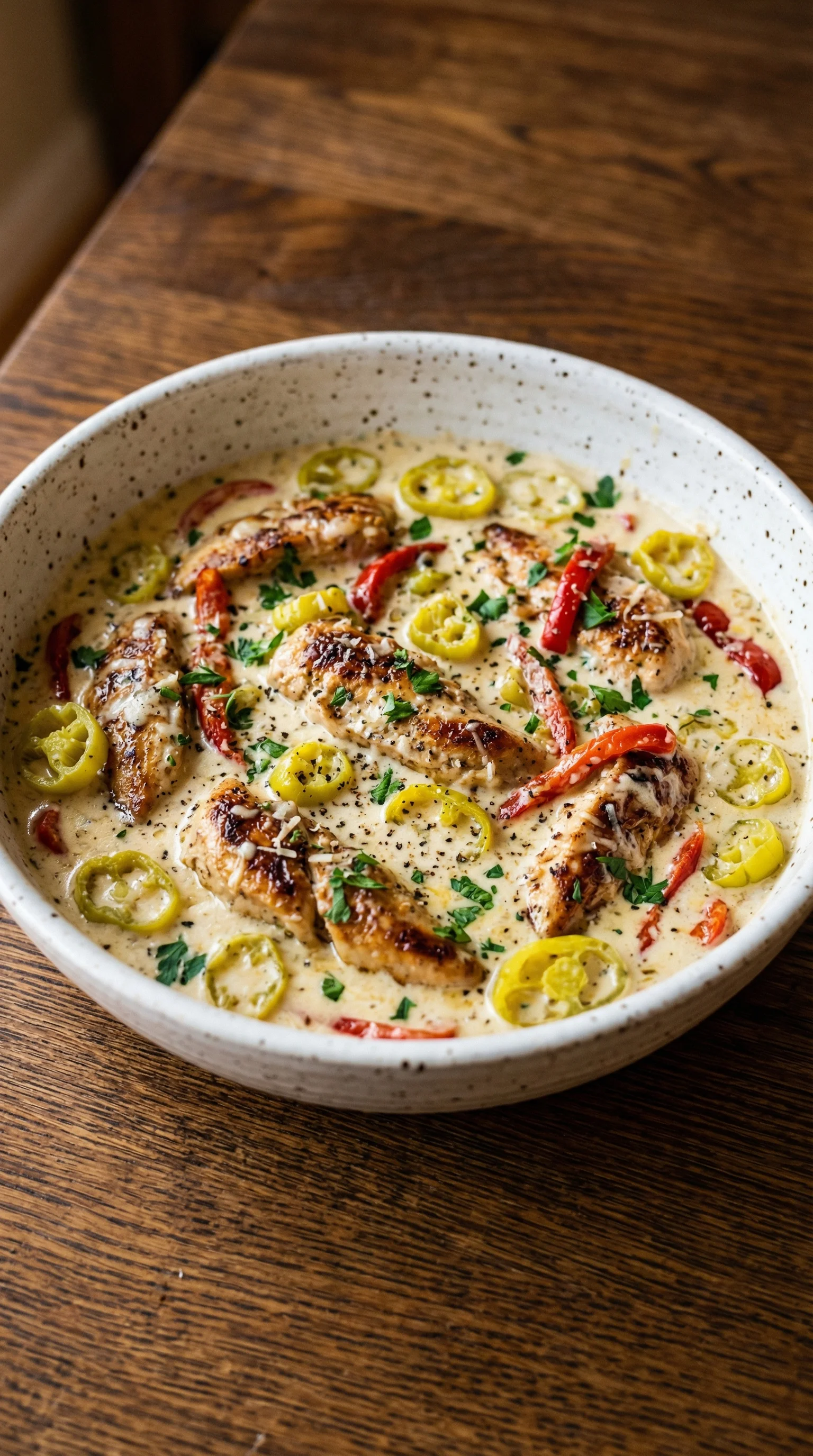 A bowl of chicken with peppers and herbs.