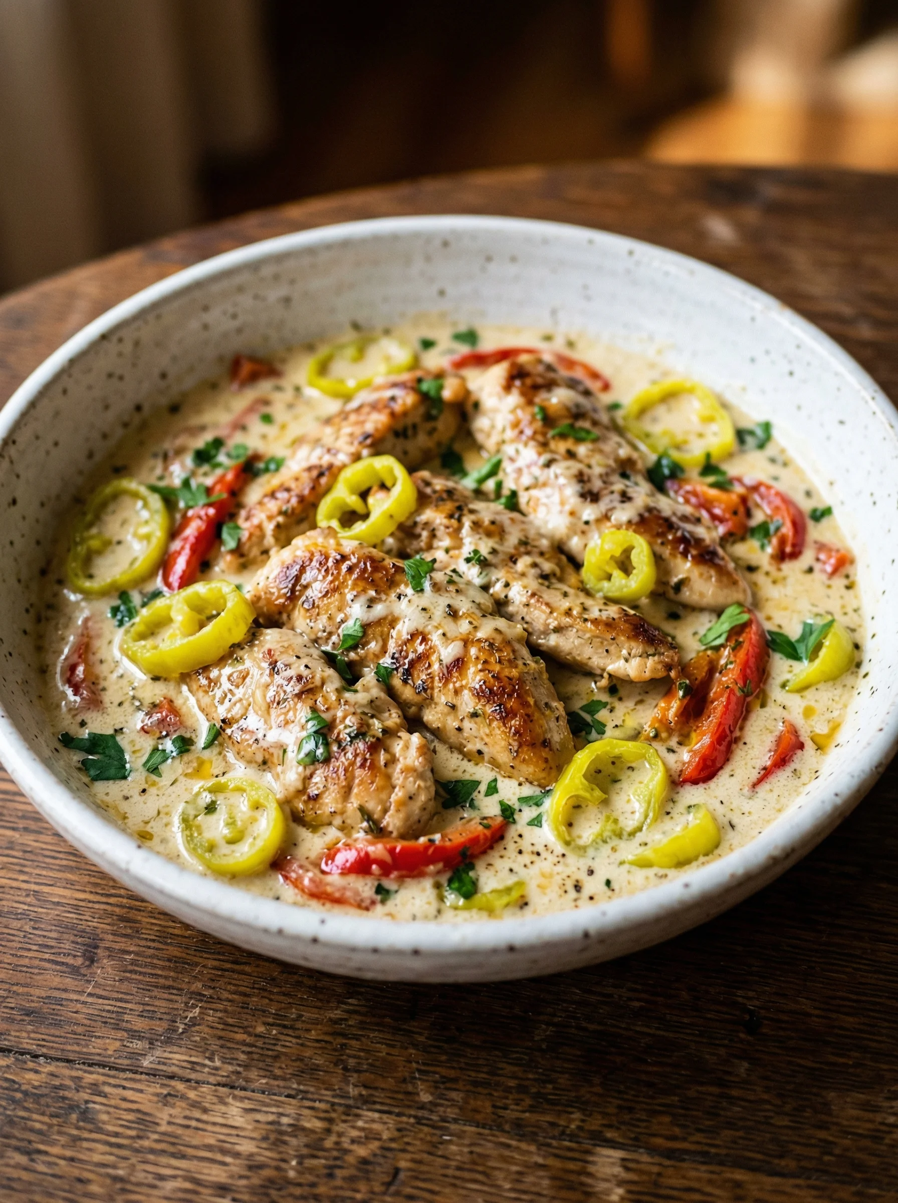 A bowl of chicken with peppers and herbs.