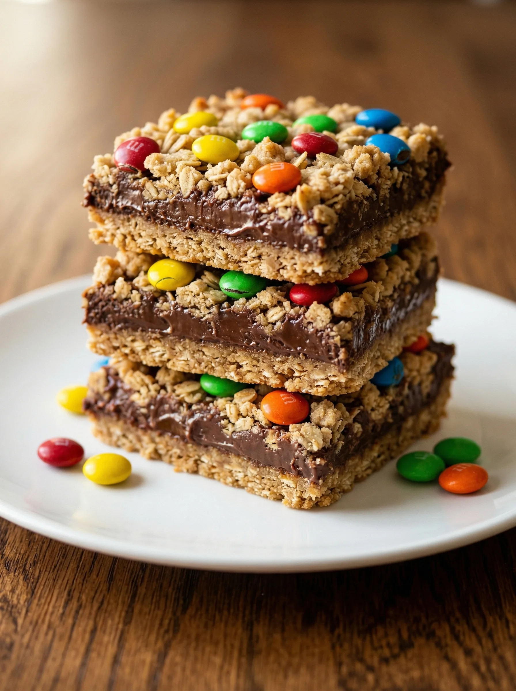 Chocolate bars with M&amp;M's on top.