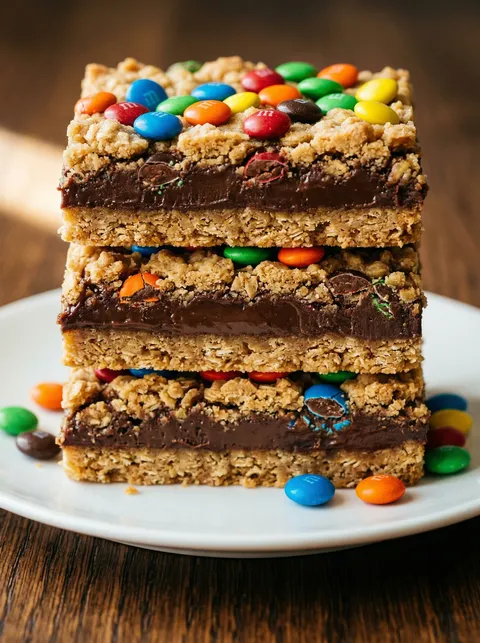 A stack of chocolate bars with M&M's on top.