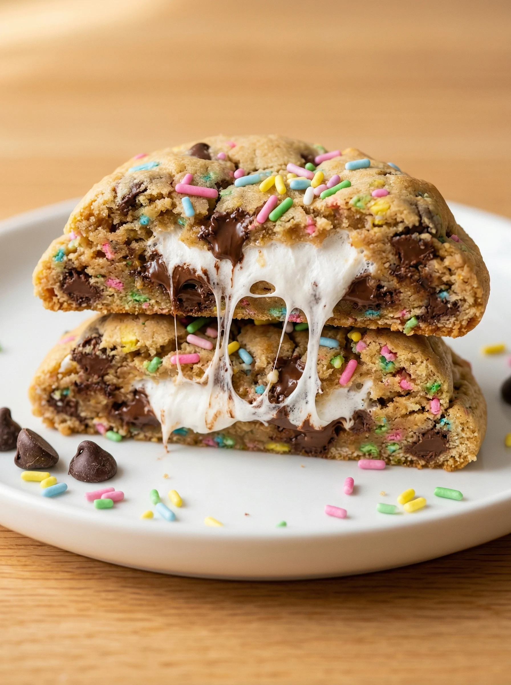 A plate of chocolate chip peep stuffed easter cookies.