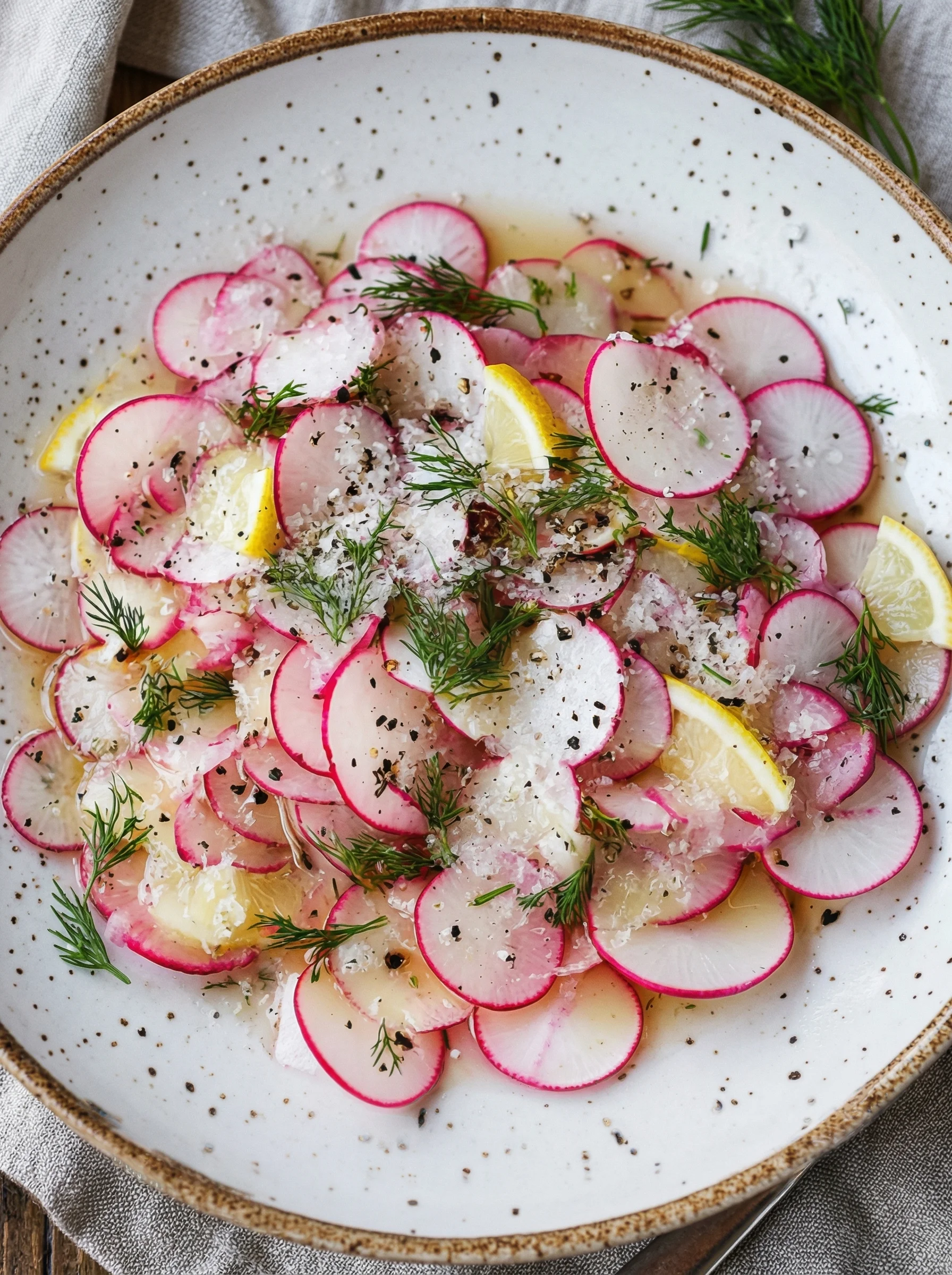 A plate of food with radishes and lemon.