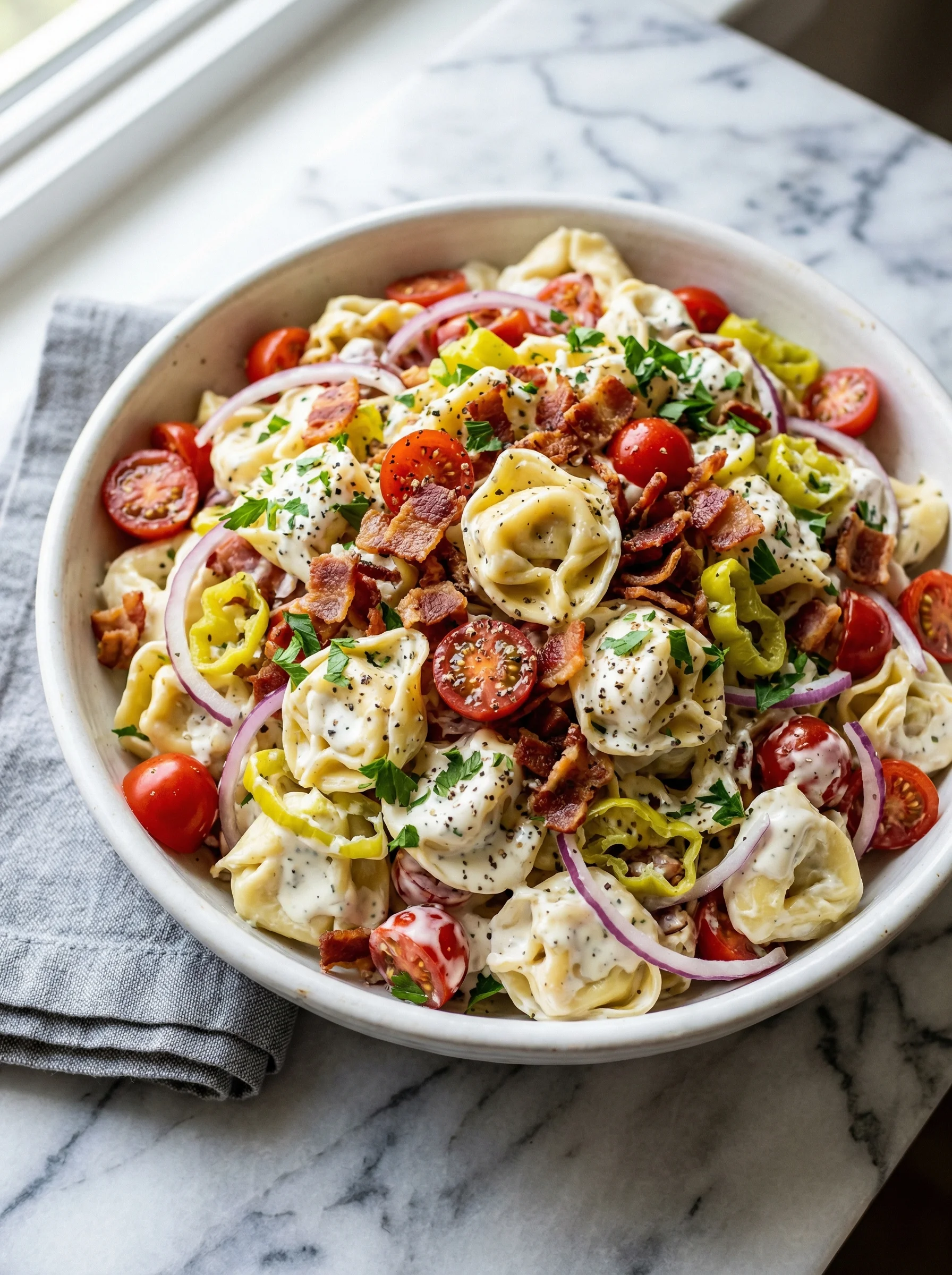 A bowl of pasta with tomatoes, onions, and bacon.