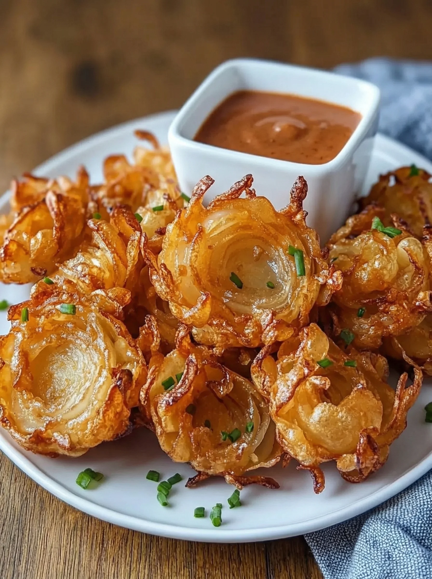 A plate of air fryer crispy mini blooming onions.
