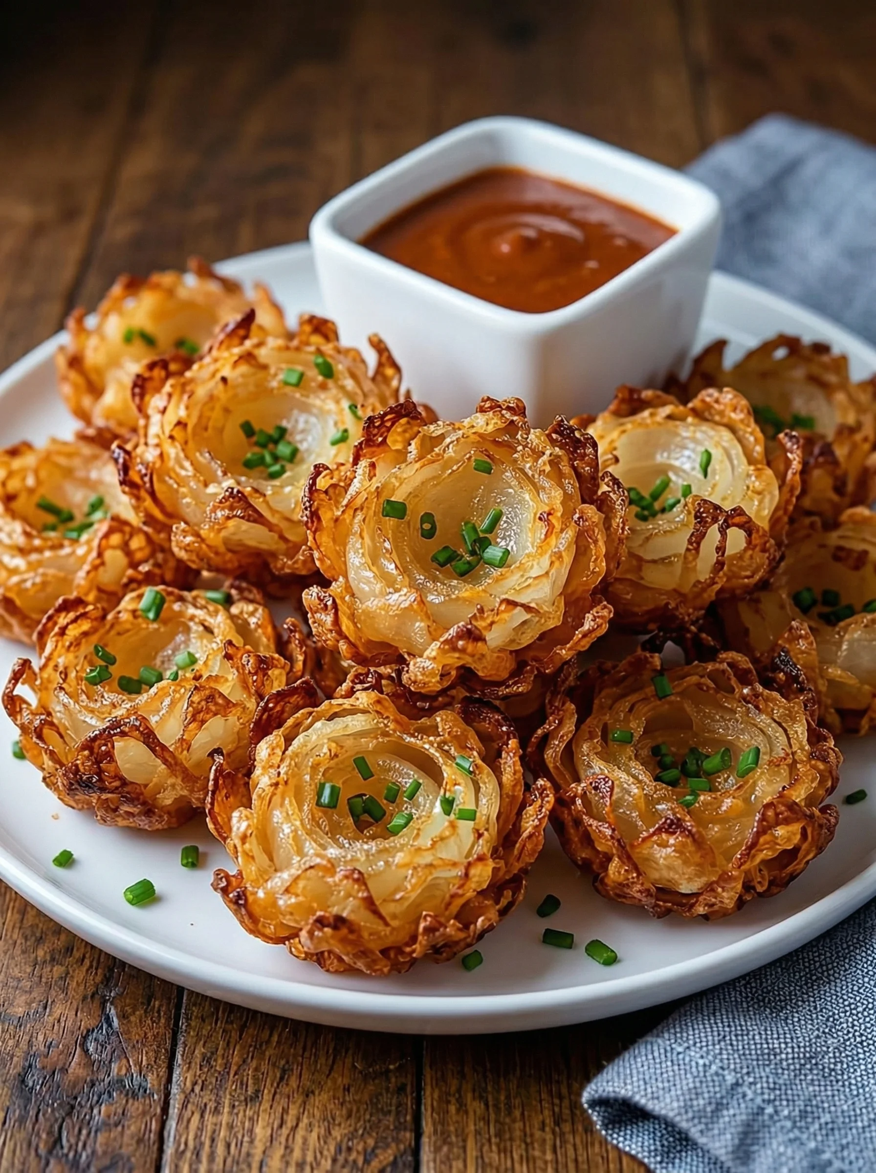 A plate of air fryer crispy mini blooming onions.
