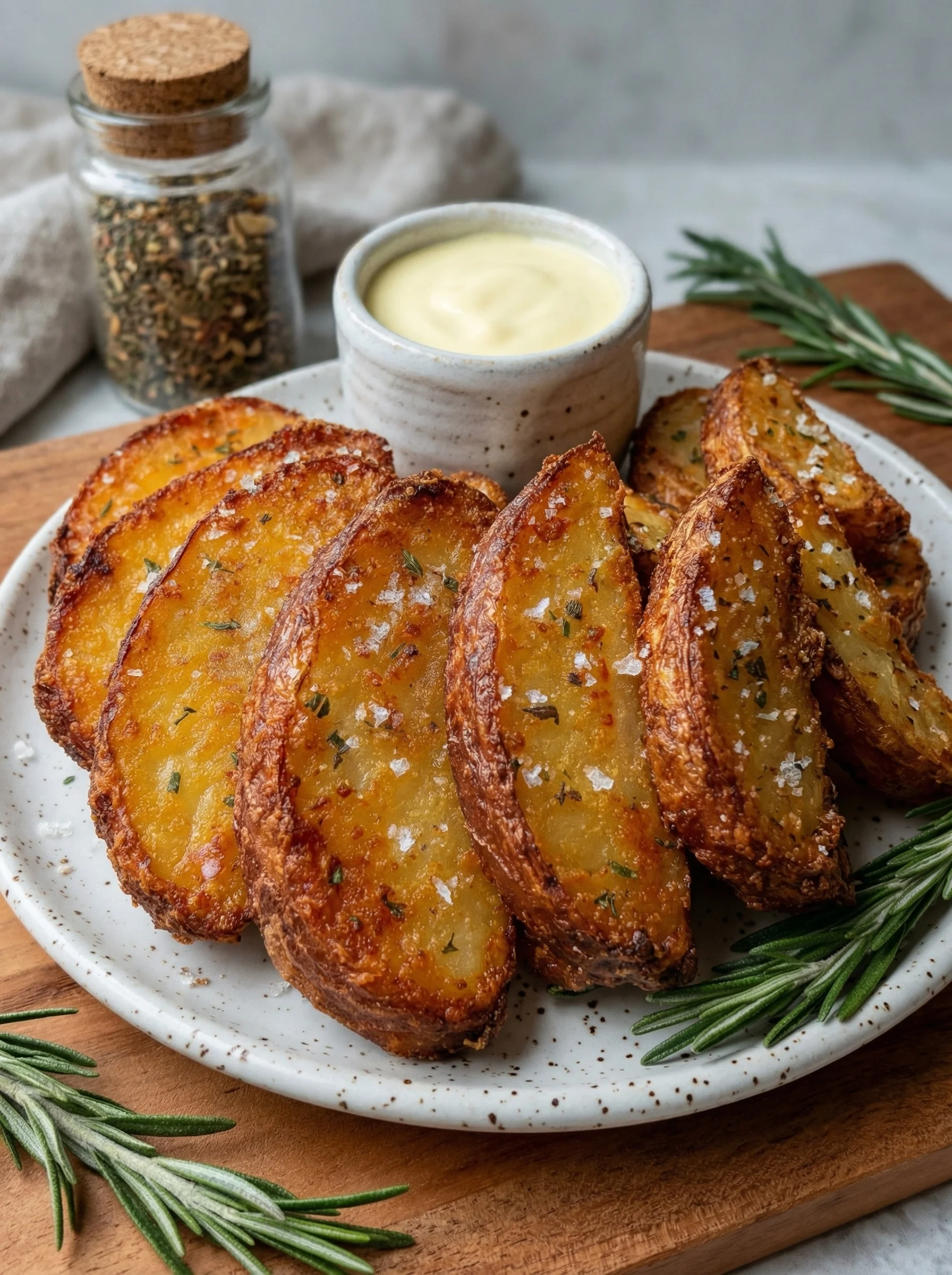 A plate of crispy air fryer potato wedges.