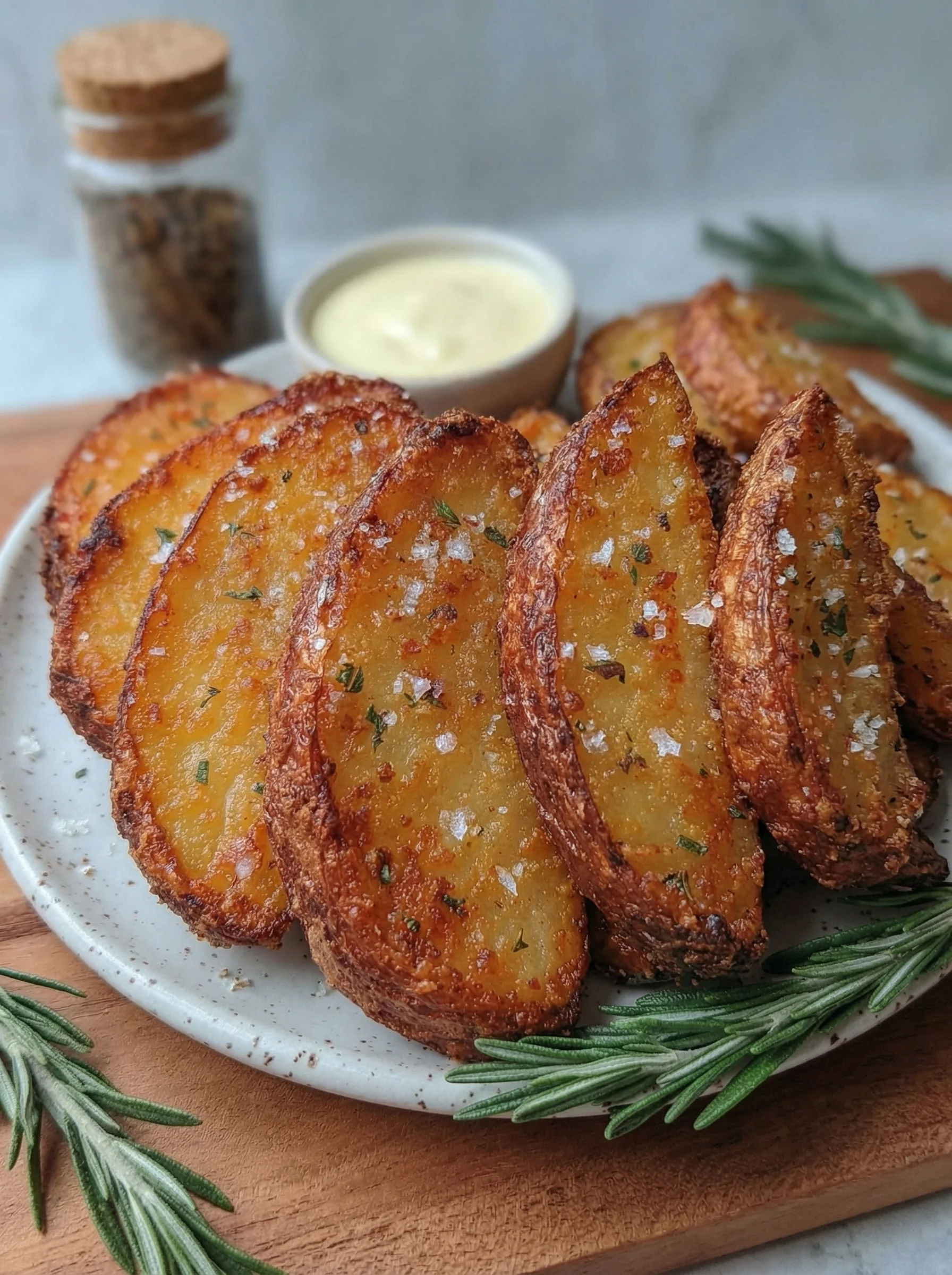 A plate of crispy air fryer potato wedges.
