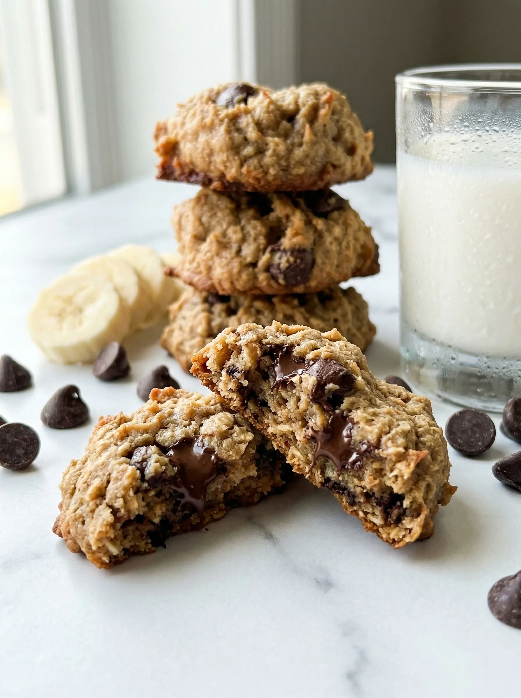 Peanut butter banana cookies stacked on a table.