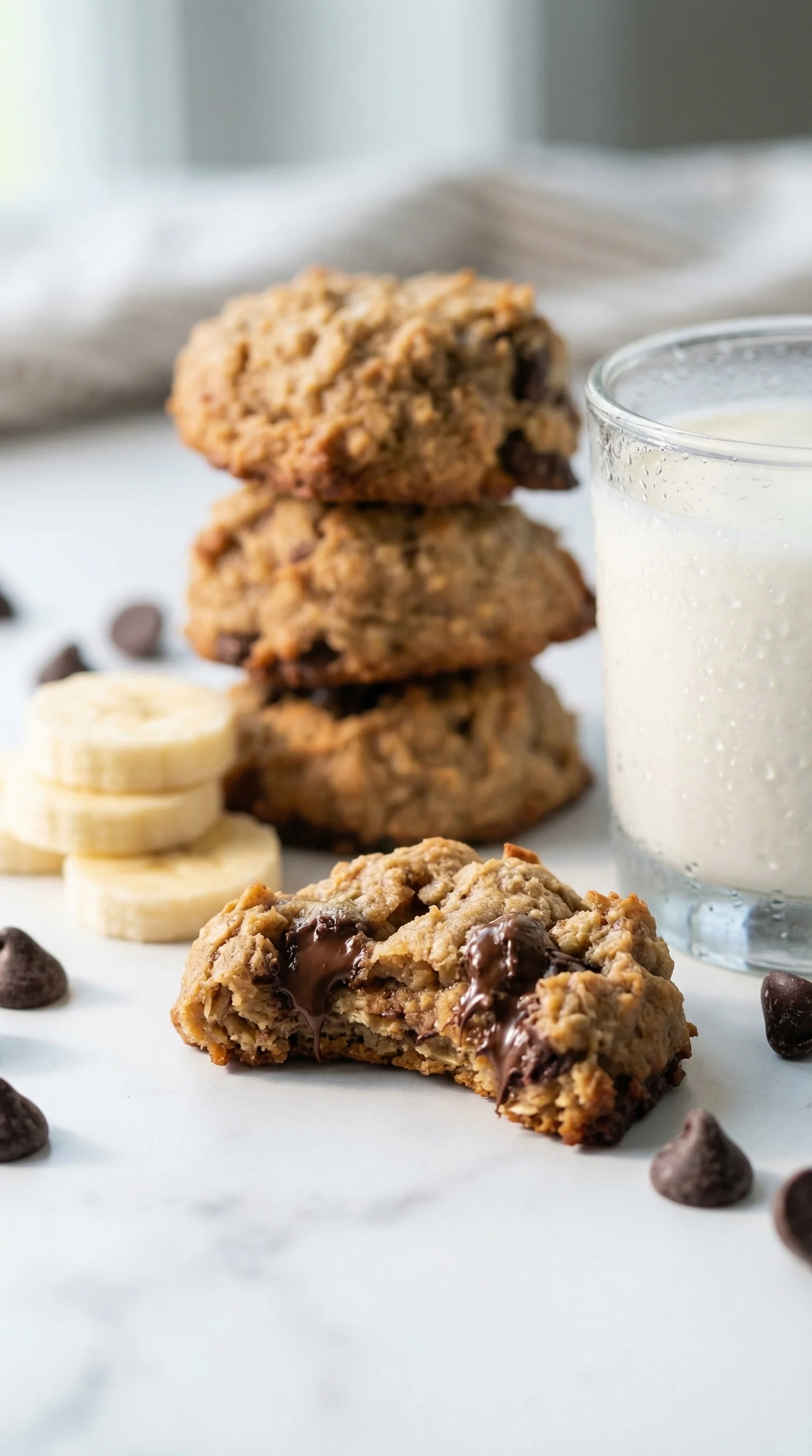 A glass of milk next to a stack of peanut butter banana cookies.