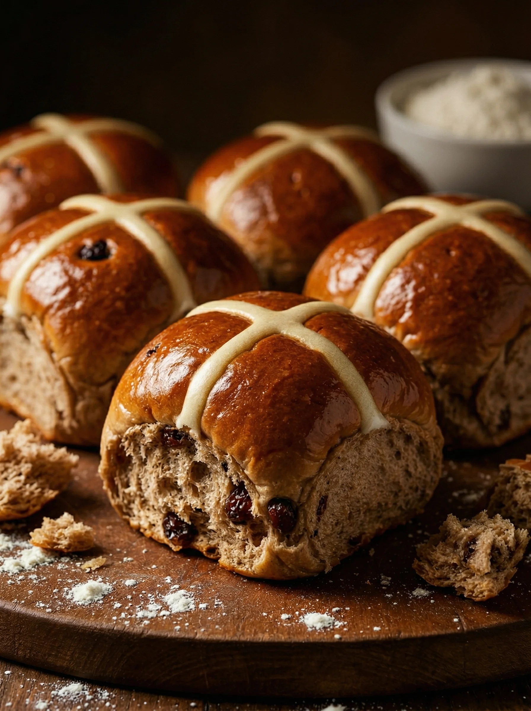 A plate of hot cross buns with raisins.