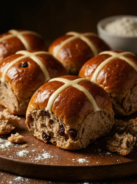 A plate of hot cross buns with raisins.