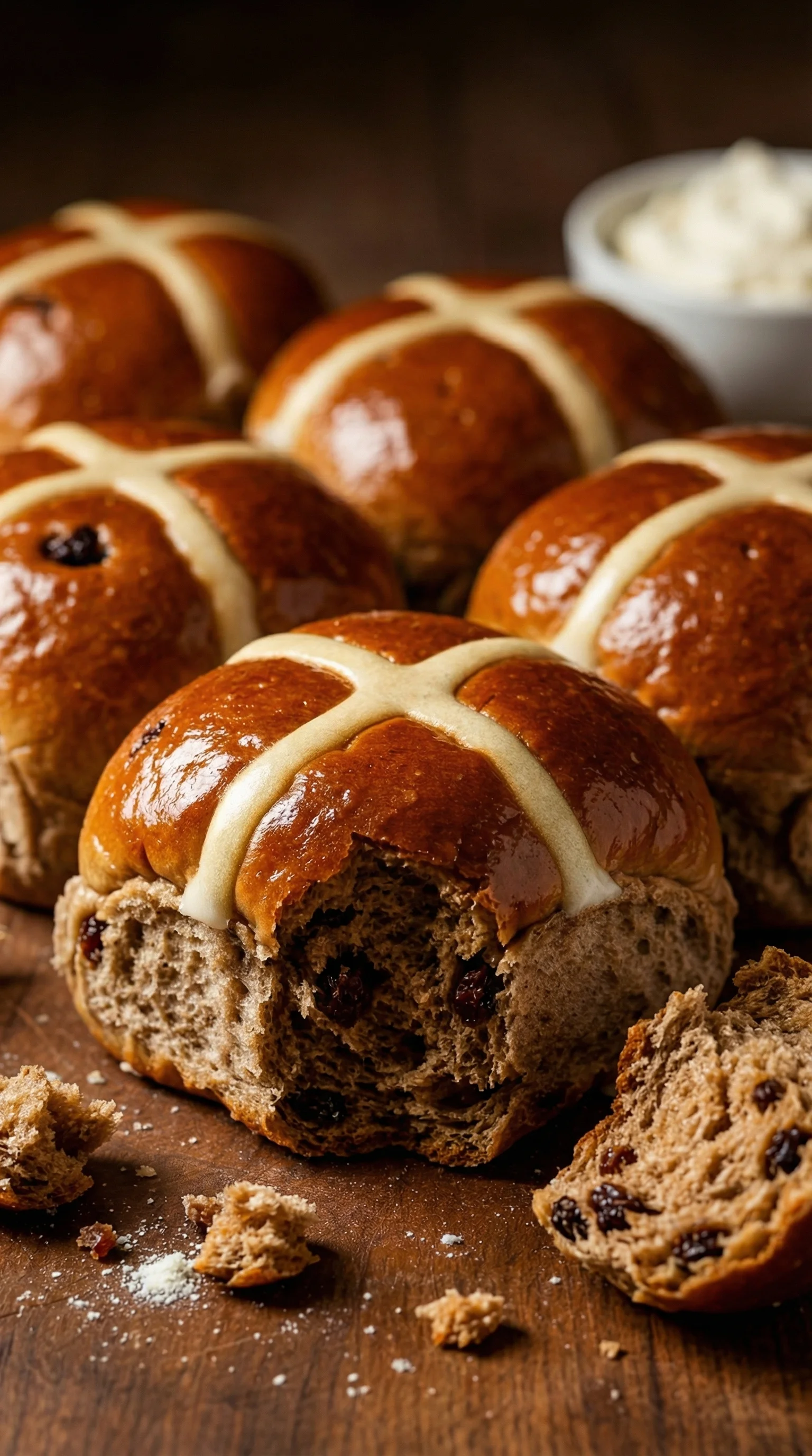 Hot cross buns with raisins.