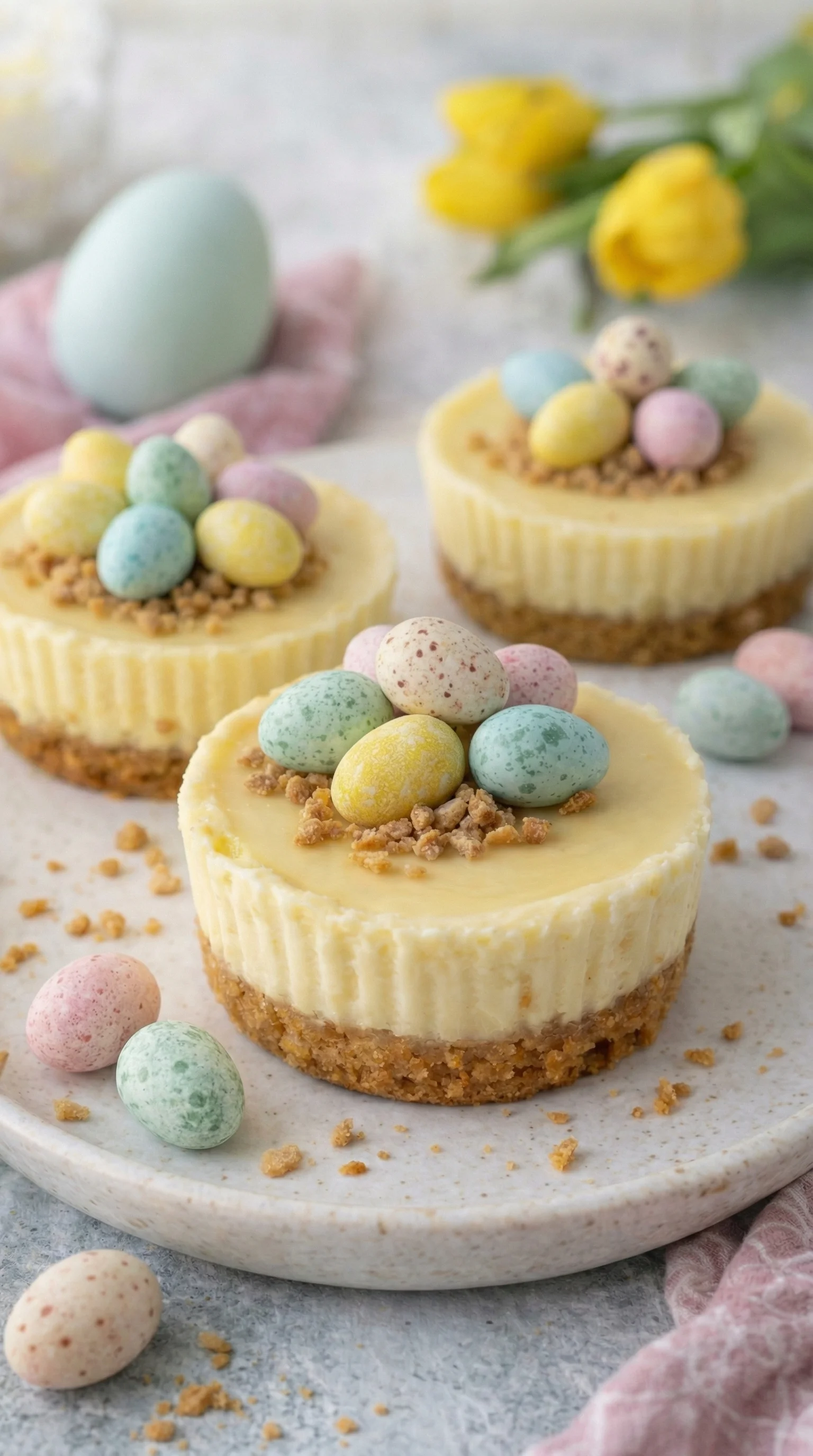 Two mini cheesecakes with marshmallows on top.