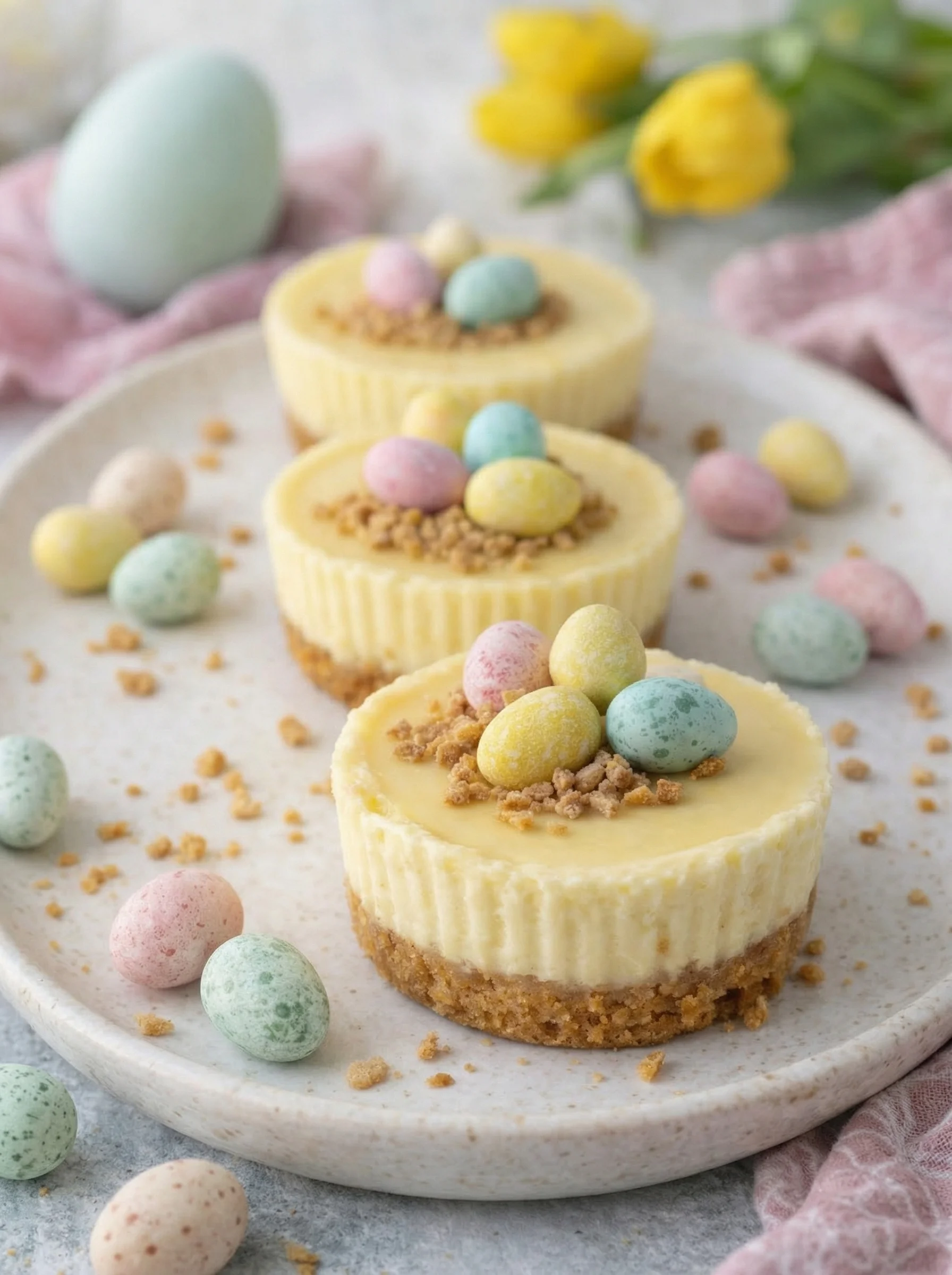 Three mini cheesecakes with colorful candy toppings.