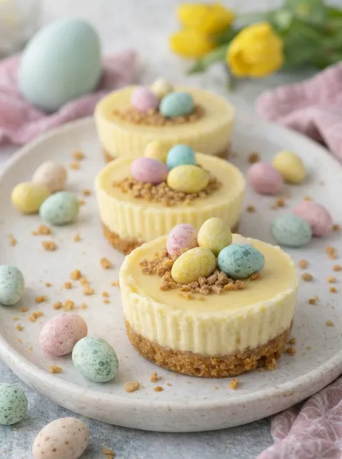 Three mini cheesecakes with colorful candy toppings.