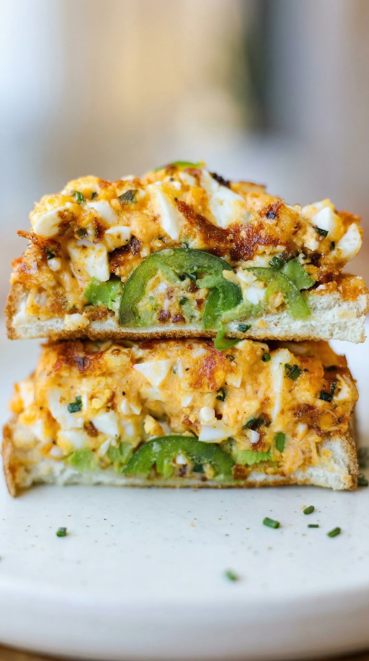 A sandwich with egg salad on top.